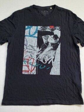 Guess T-shirt Black Sheer MCM Pattern Cap Sleeve Crew Neck Sz Large Madein Peru